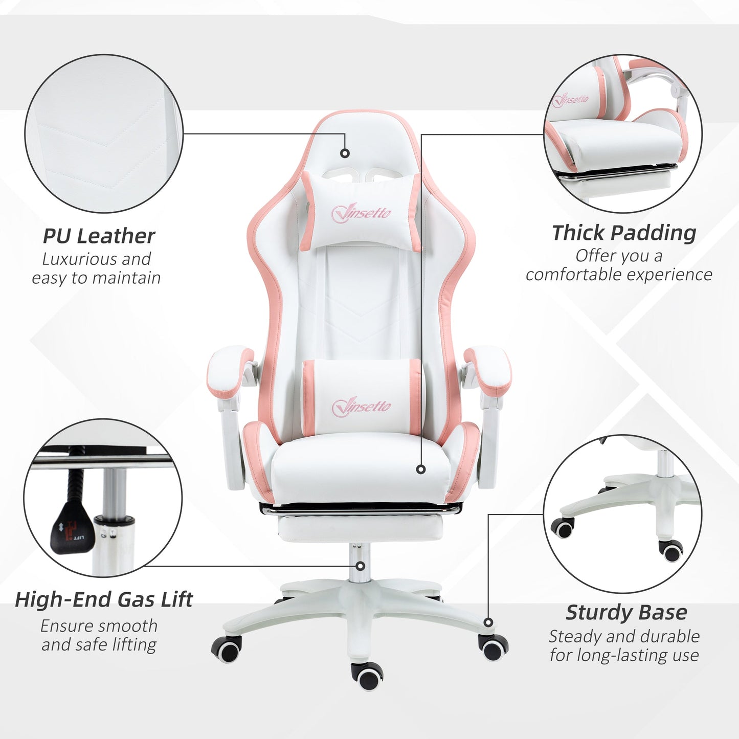 Vinsetto Racing Gaming Chair, Reclining PU Leather Computer Chair with 360 Degree Swivel Seat, Footrest, Removable Headrest and Lumber Support, White and Pink