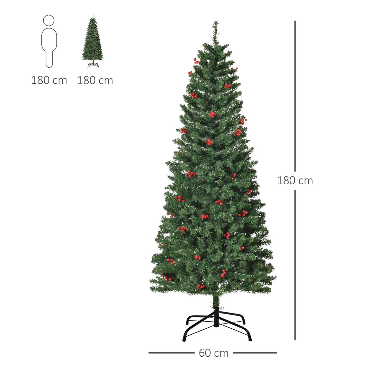 HOMCOM 6FT Prelit Artificial Pencil Christmas Tree with Warm White LED Light, Red Berry, Holiday Home Xmas Decoration, Green