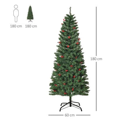 HOMCOM 6FT Prelit Artificial Pencil Christmas Tree with Warm White LED Light, Red Berry, Holiday Home Xmas Decoration, Green