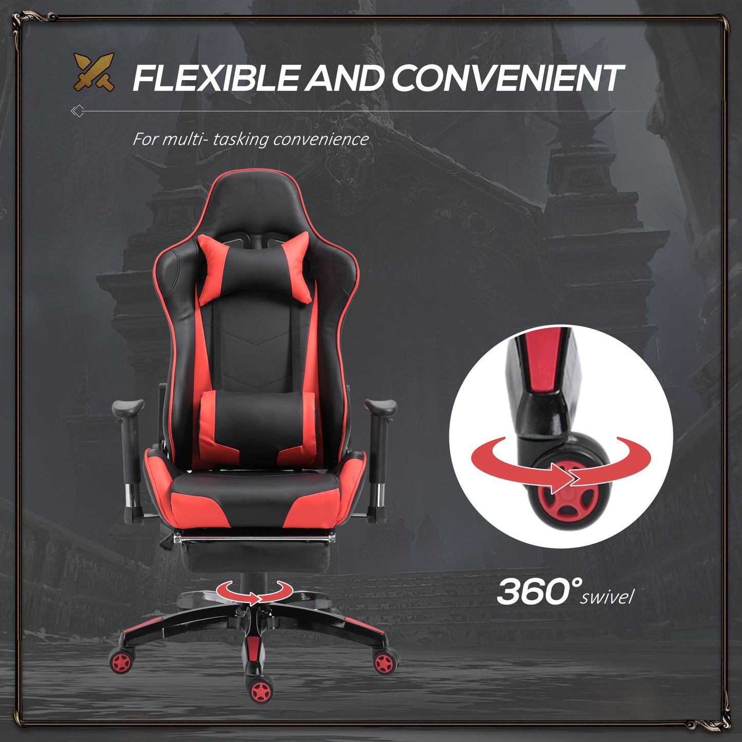 HOMCOM Gaming Chair High Back Swivel Home Office Computer Racing Gamer Desk Chair Faux Leather with Footrest, Wheels, Black Red