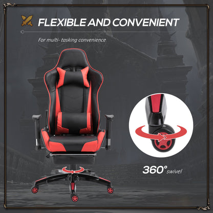 HOMCOM Gaming Chair High Back Swivel Home Office Computer Racing Gamer Desk Chair Faux Leather with Footrest, Wheels, Black Red