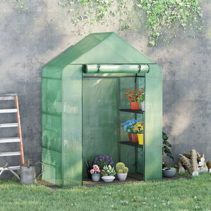 Walk In Greenhouse 2 Tier Shelf Roll-Up Door PE Cover Green