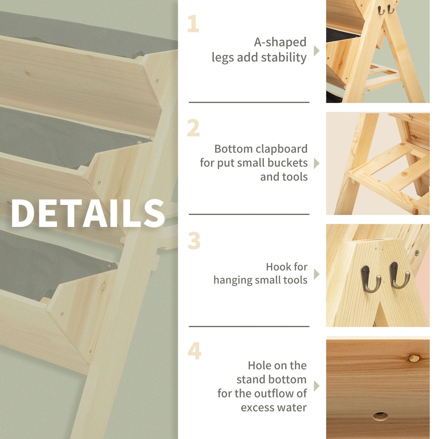 Outsunny 3 Tier Raised Beds for Garden, Wooden Planter Boxes with Clapboard and Hooks, 142L, 120 x 68 x 80cm