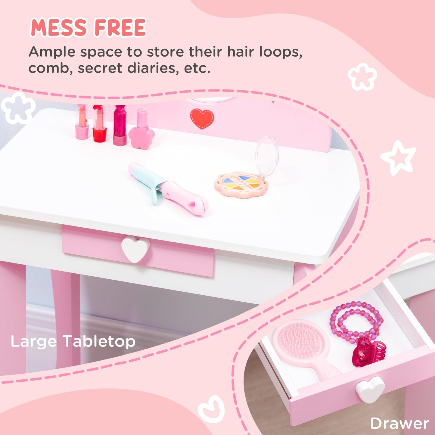 ZONEKIZ 4PCs Kids Bedroom Furniture Set W/ Bed, Toy Box Bench, Dressing Table, Pink