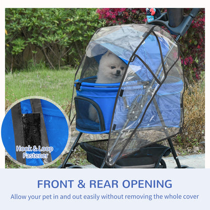 PawHut Dog Stroller with Rain Cover, Dog Pushchair One-Click Fold Trolley Jogger with EVA Wheels Brake Basket Adjustable Canopy Safety Leash for Small Dogs, Blue