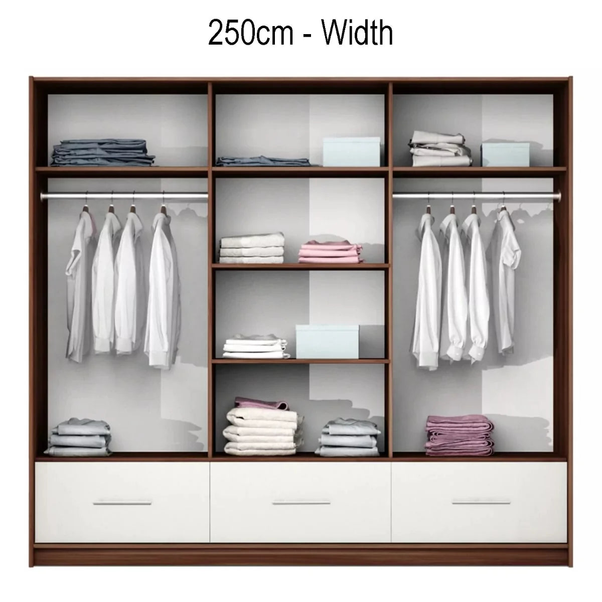 Wiltshire 250cm Large Sliding Door Wardrobe with Mirror Walnut with 3 Drawers - White Gloss and Black Gloss