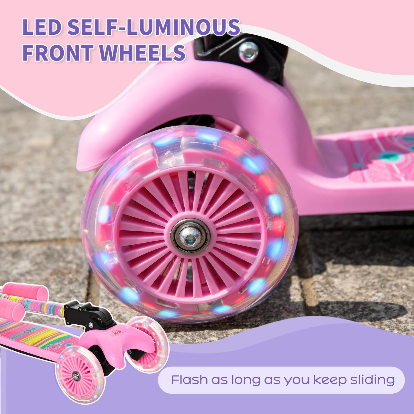 HOMCOM Scooter for Kids Toddler Foldable Kick Scooter with 3 Wheel Adjustable Height Flashing Wheels for Boys and Girls 3-8 Years Pink