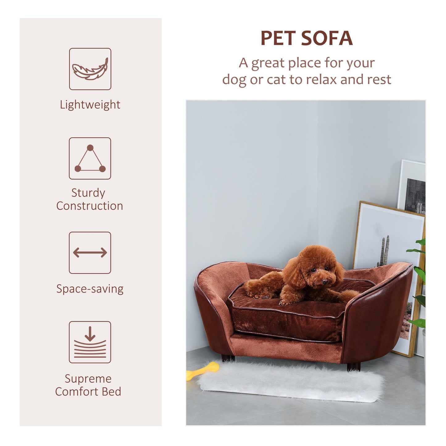 أريكة PawHut Pet Sofa للكلاب مع وسادة للقطط والكلاب الصغيرة - بني