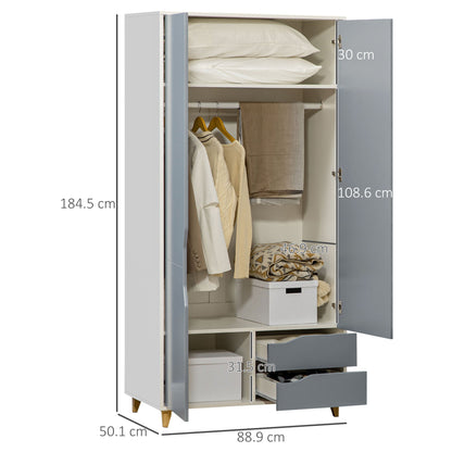 Wardrobe with 2 Doors, 2 Drawers, Hanging Rail, Shelves for Bedroom Clothes Storage Organiser, 89x50x185cm, Grey