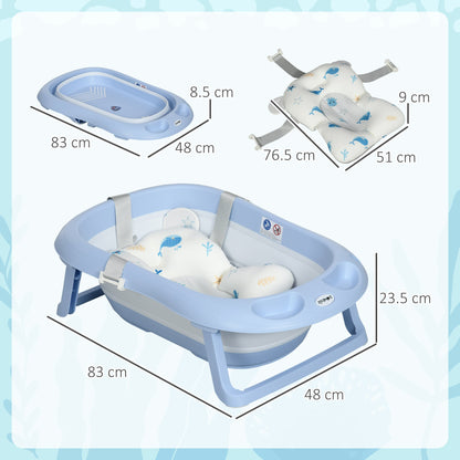 ZONEKIZ Foldable Baby Bathtub Set, Collapsible Bath Tub with Non-Slip Support, Cushion Pad, Drain Plugs, Shower Head Holder, Storage Compartments, for Newborn to 6 Years - Blue