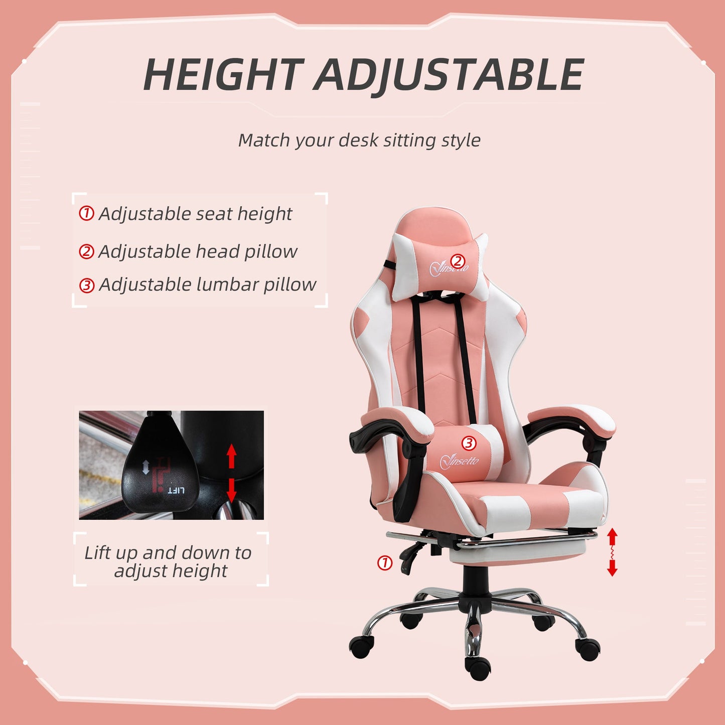 Vinsetto Racing Gaming Chair w/ Lumbar Support, Home Office Desk Gamer Recliner, Pink