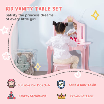 ZONEKIZ Kids Dressing Table with Mirror and Stool, Kids Vanity Set, Girl Makeup Desk, Pink