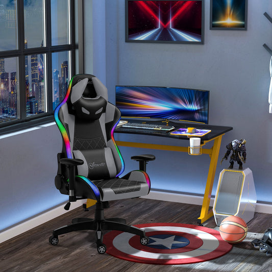 Vinsetto Gaming Office Chair with RGB LED Light, Lumbar Support, Gamer Recliner, Grey