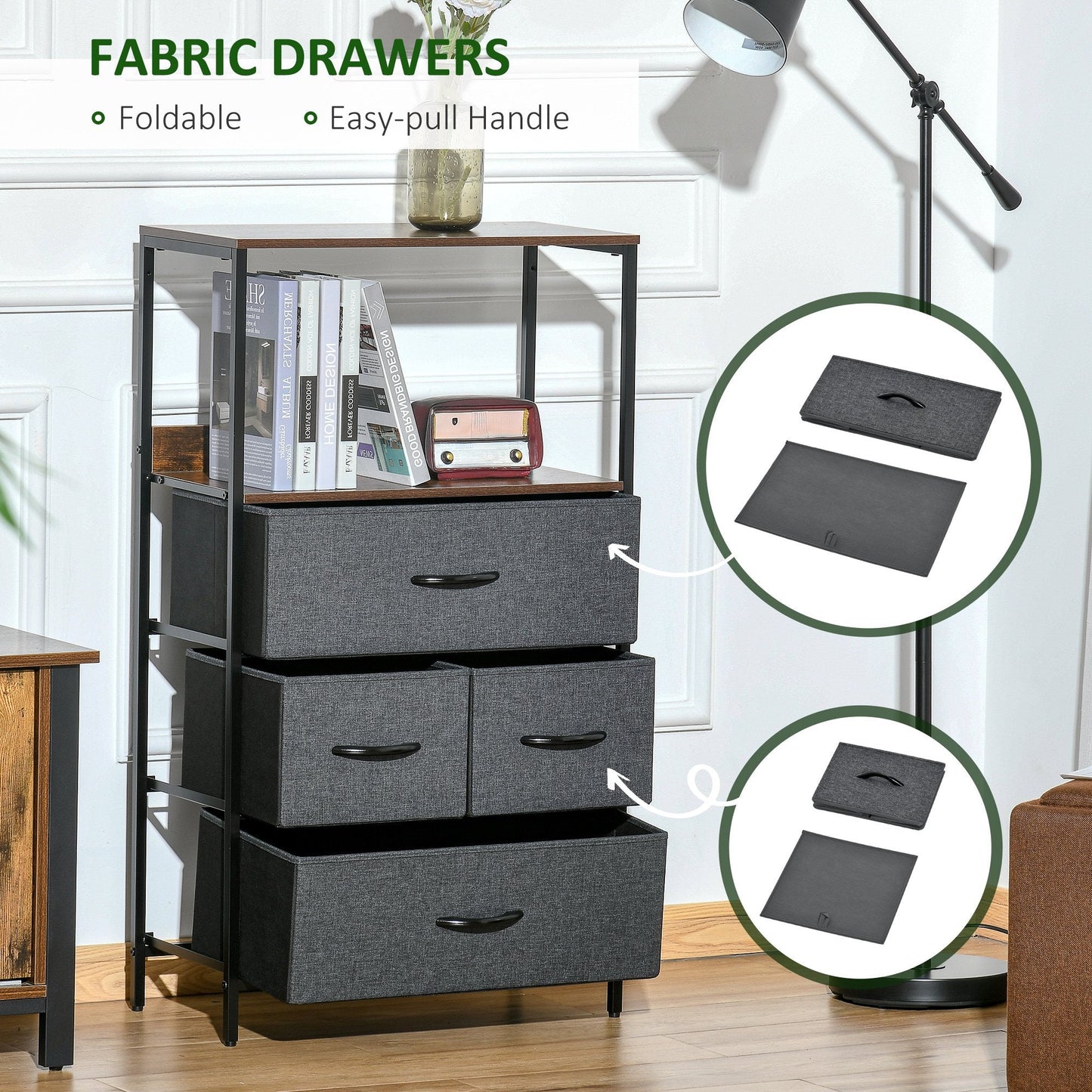 4 Drawer Storage Chest Unit with Shelves and Fabric Drawers - Black