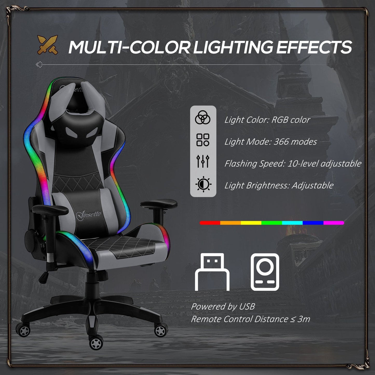 Vinsetto Gaming Office Chair with RGB LED Light, Lumbar Support, Gamer Recliner, Grey