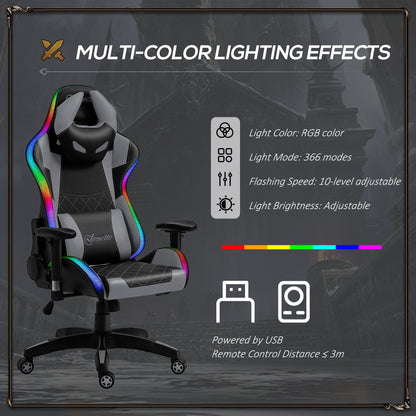 Vinsetto Gaming Office Chair with RGB LED Light, Lumbar Support, Gamer Recliner, Grey