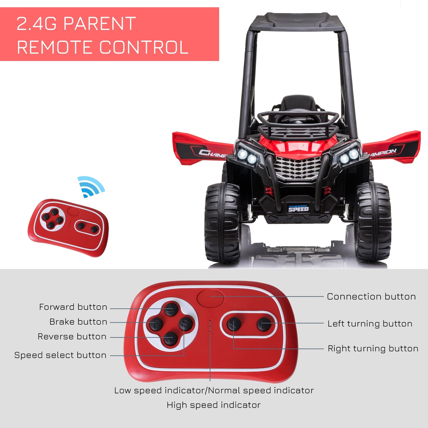 12V Battery-powered Kids Electric Ride On Car Off-road UTV Toy 3-6 km/h with High Roof Parental Remote Control Music Lights MP3 Suspension Wheels for 3-8 Years Old Red Yrs