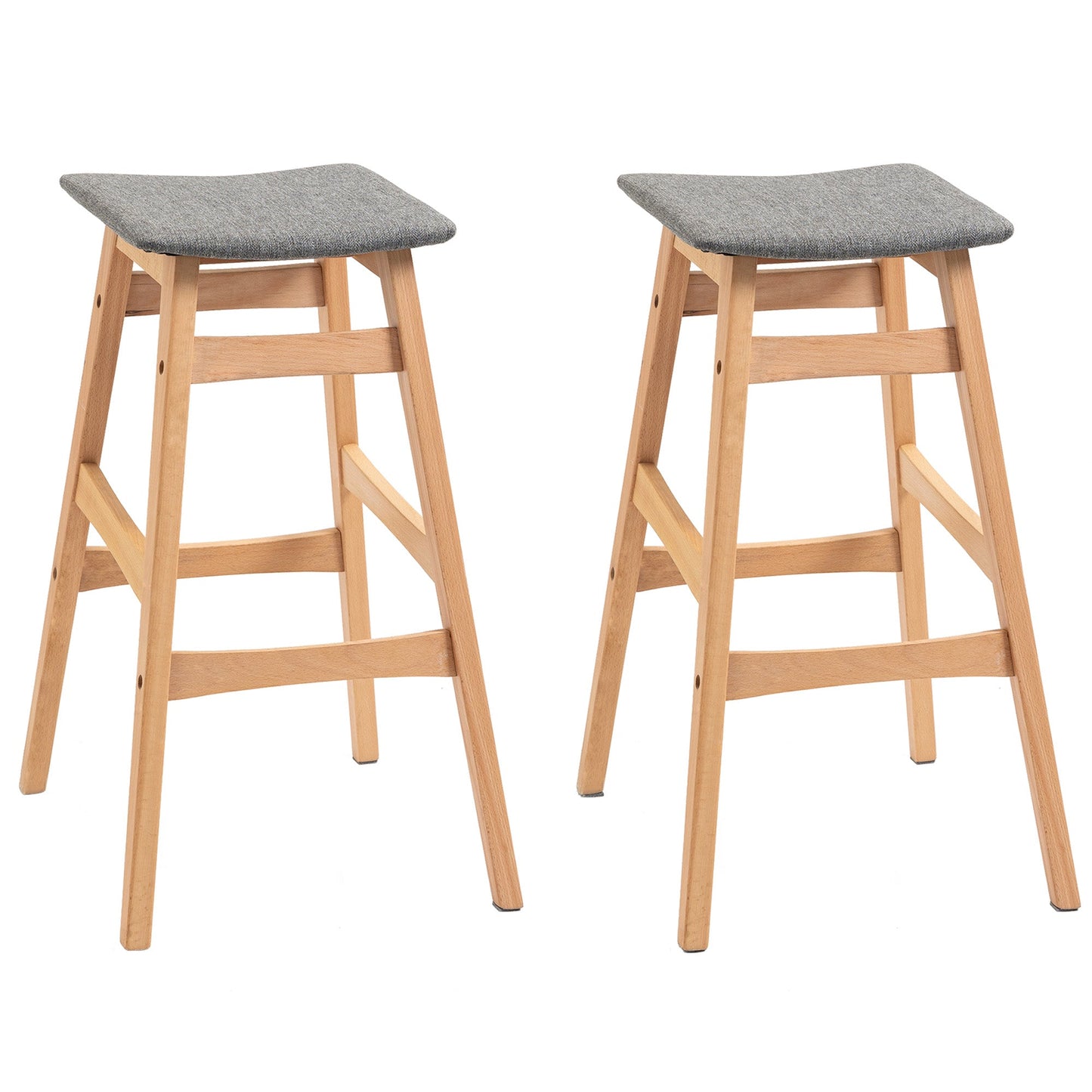 Wooden Bar Stool Linen Covered Cushion Beech Wood Legs Pub Curved Seat, Natural