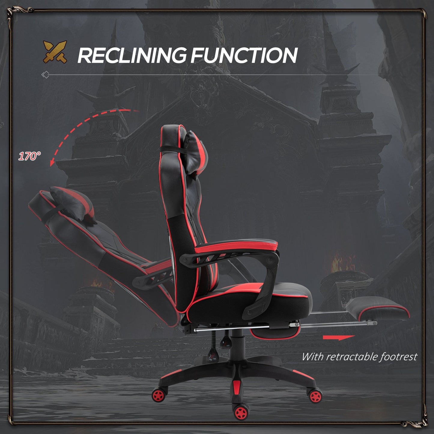 Vinsetto Gaming Chair Ergonomic Reclining w/ Manual Footrest 5 Wheels Stylish Office Red