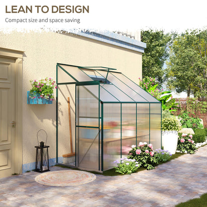 Walk-In Lean to Greenhouse Garden Heavy Duty Aluminium Polycarbonate with Roof Vent for Plants Herbs Vegetables, Green, 253 x 127 x 220 cm