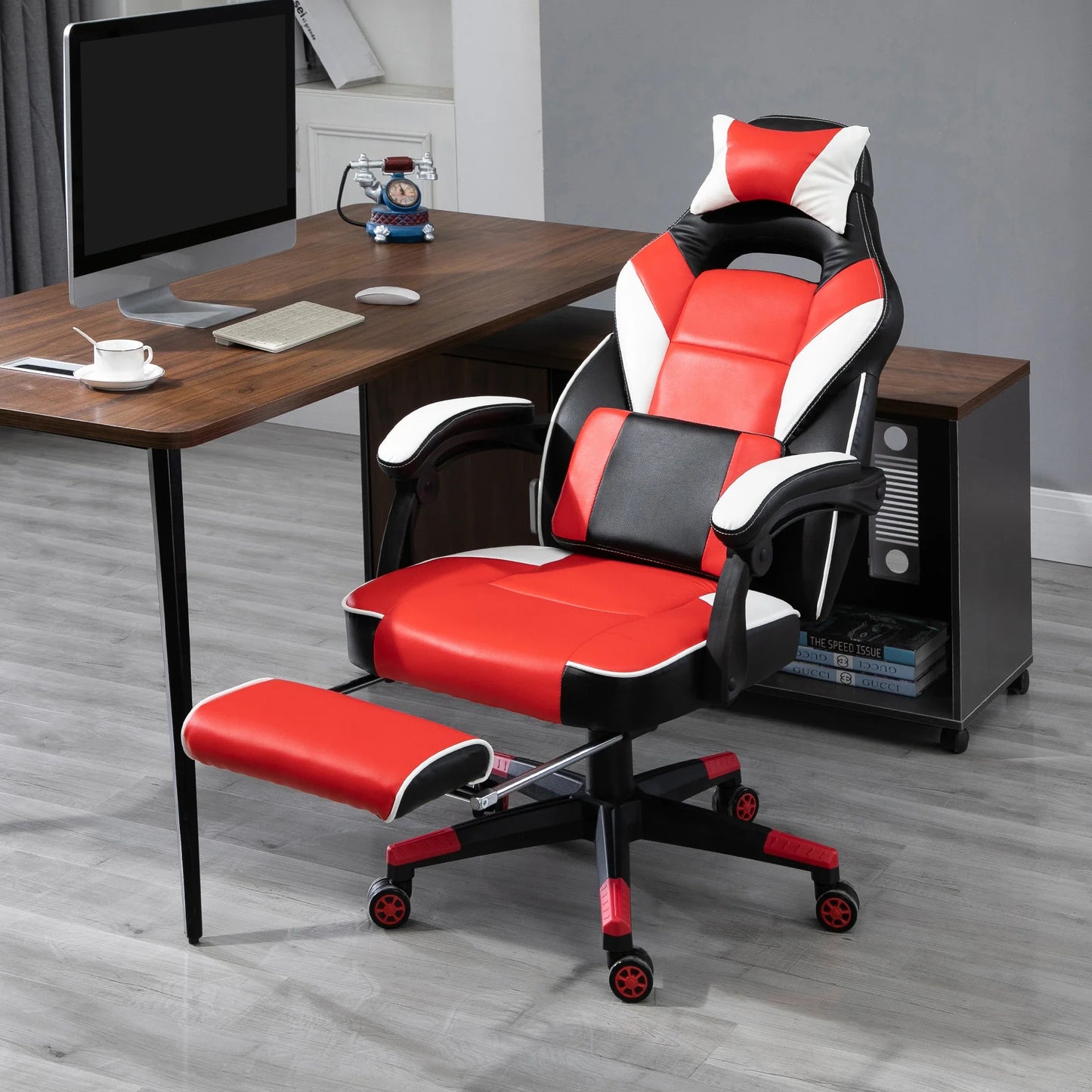 Vinsetto Cool & Stylish Gaming Chair Ergonomic Recliner w/ Thick Padding Footrest Neck & Back Pillow 5 Wheels Racing Swivel Height Adjustable Home Office Red