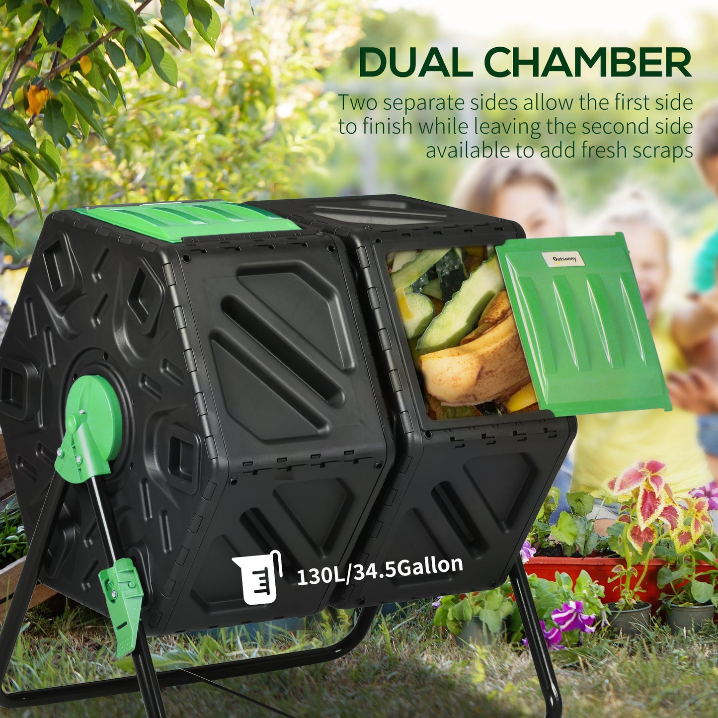 Outsunny Dual Chamber Garden Compost Bin, 130L Rotating Composter, Compost Maker with Ventilation Openings and Steel Legs