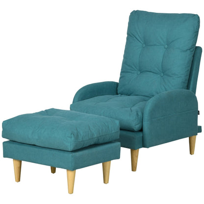 Upholstered Armchair With Footstool Set, Blue