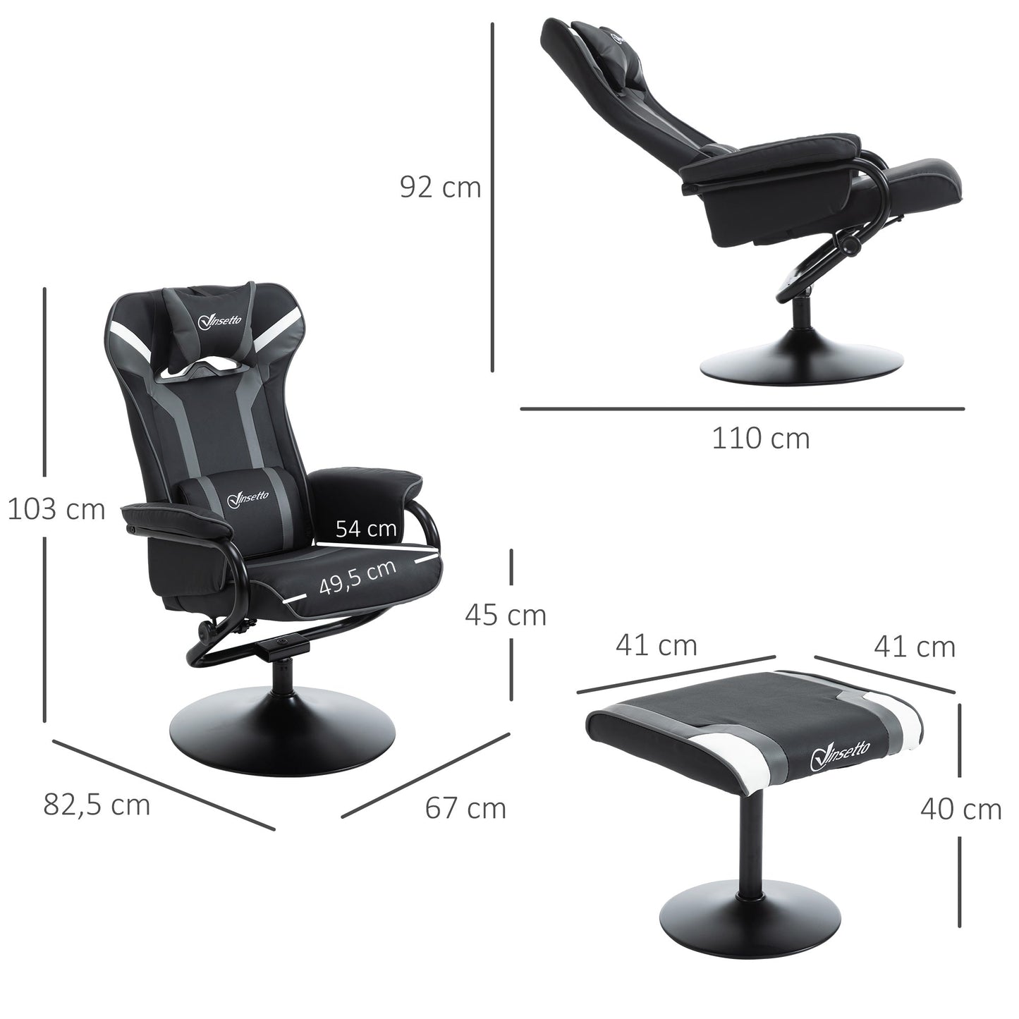 Vinsetto Video Game Chair Footrest Set Racing w/ Pedestal Base Home Office, Deep Grey