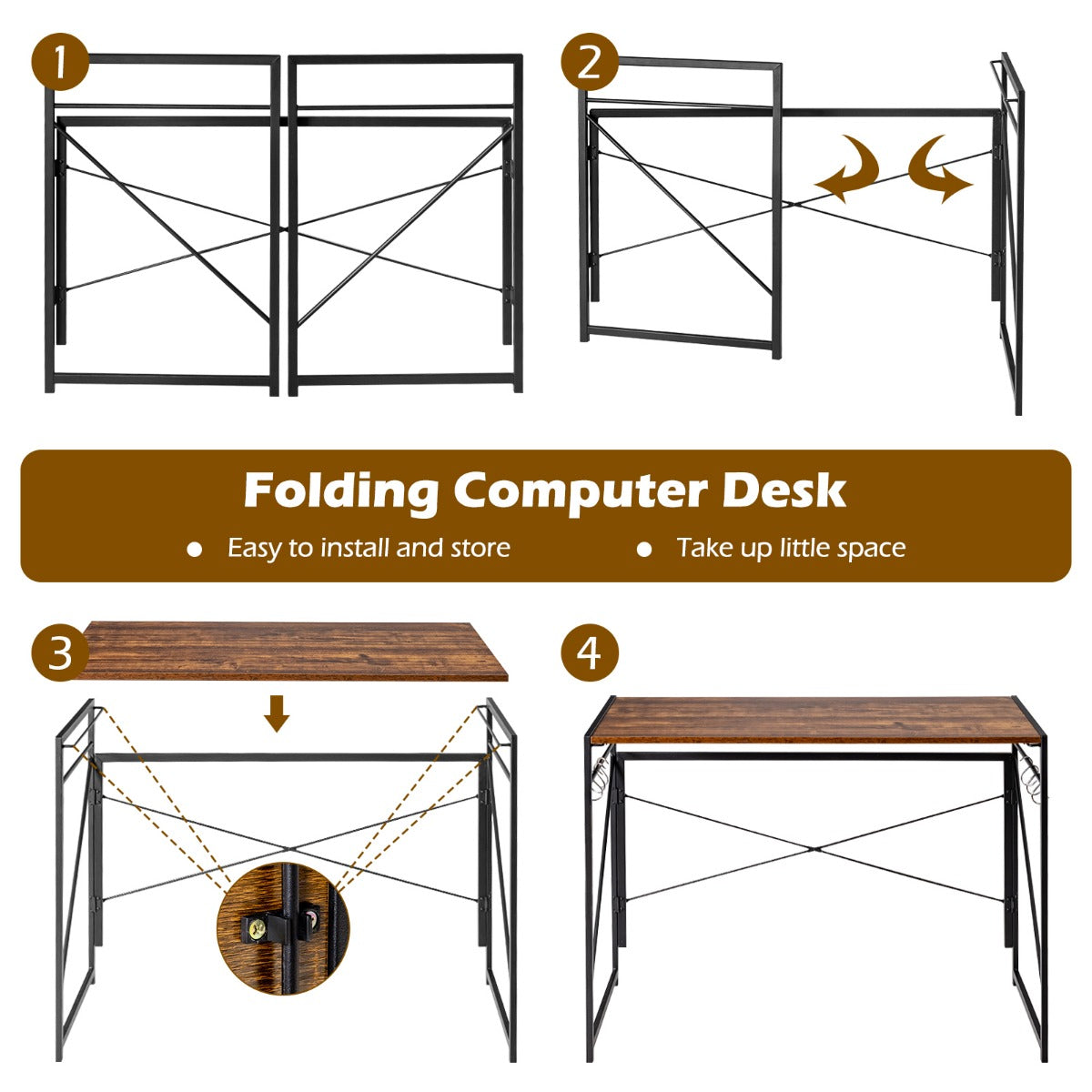 Folding Computer Desk Writing Study Desk Home Office with 6 Hooks-Rustic Brown
