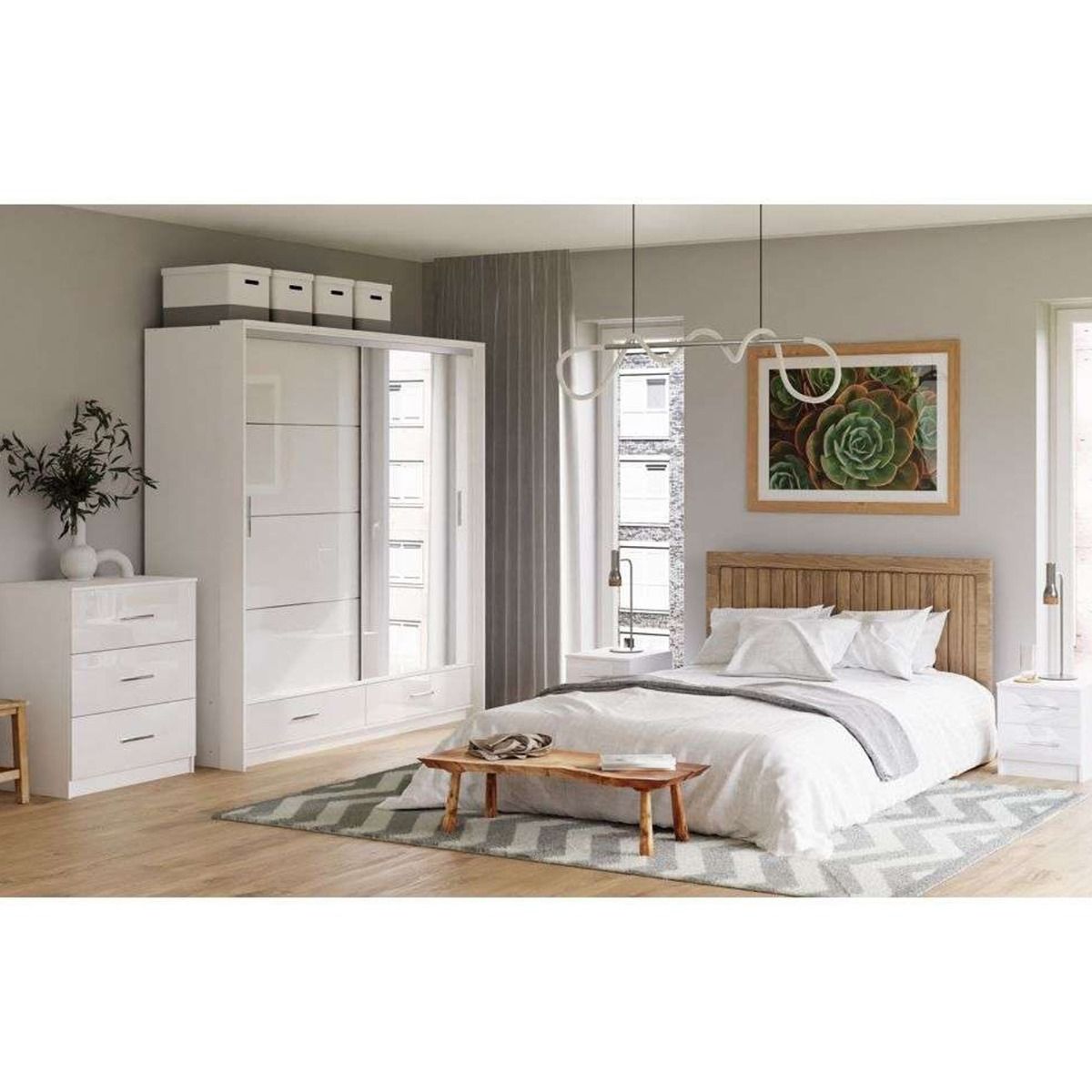 Warrington Bedroom Set with 208cm Wardrobe, Bedside and Chest - White, Grey, Black