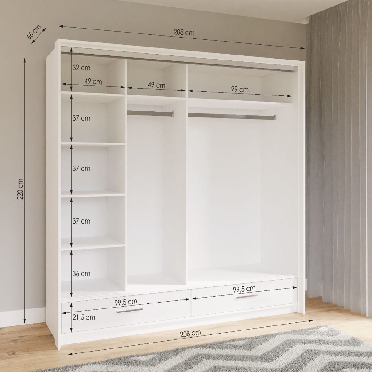 Warrington Bedroom Set with 208cm Wardrobe, Bedside and Chest - White, Grey, Black