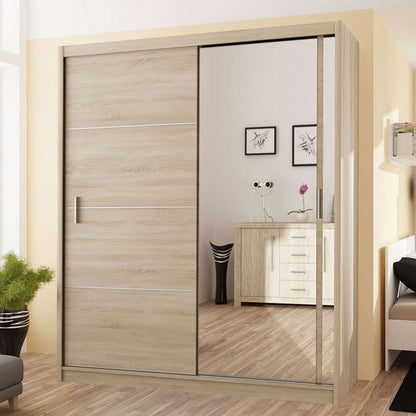 Vista Mirrored Sliding Door Wardrobe 180 cm- Black, White and Oak