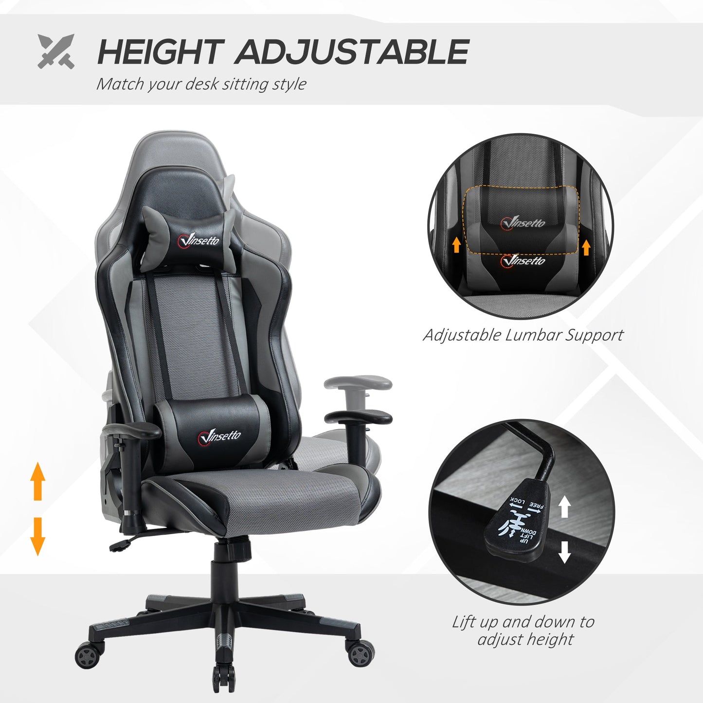 Vinsetto Racing Gaming Office Chair with Headrest and Lumbar Support - Grey