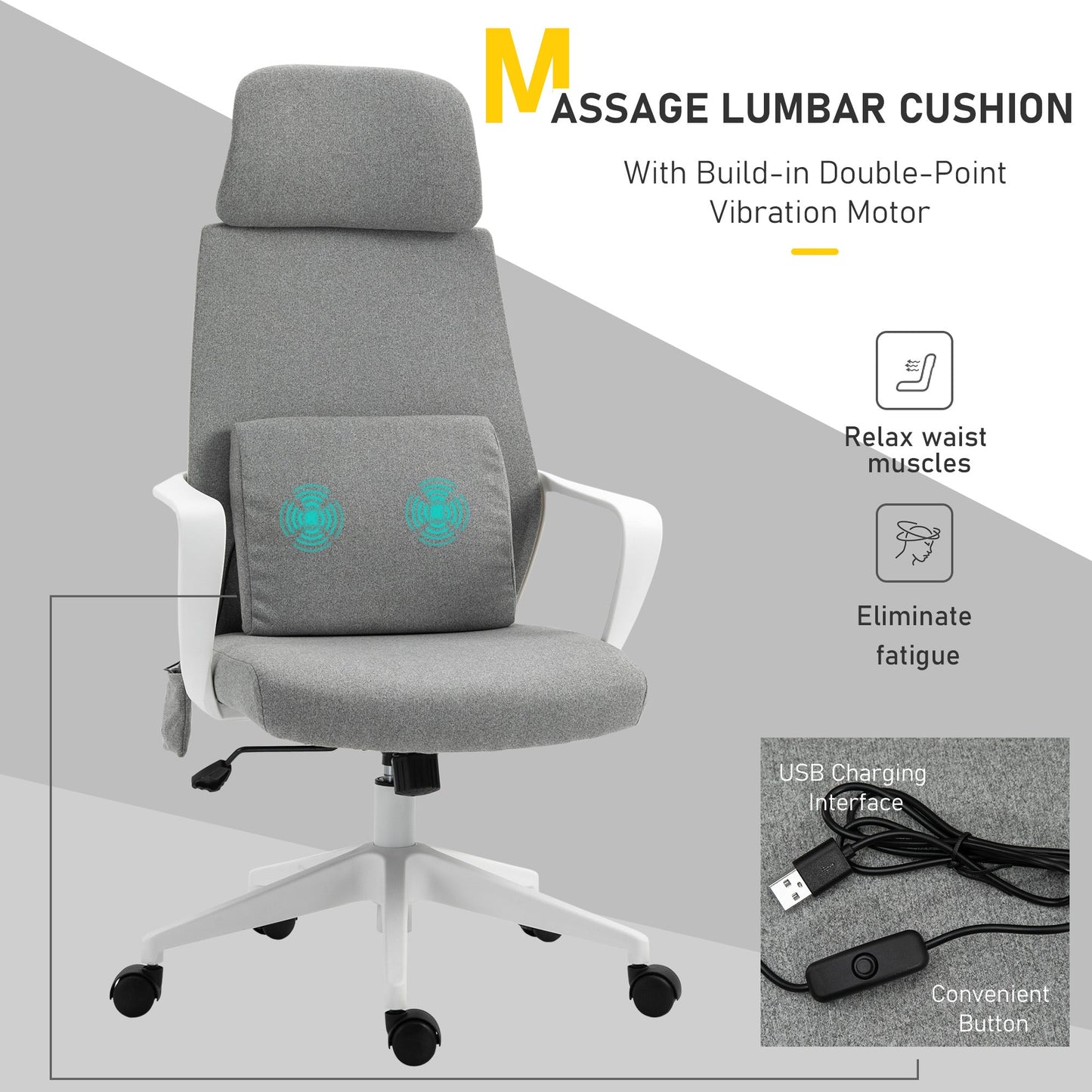 Vinsetto Ergonomic Office Chair & Massage Pillow Adjustable Height Headrest w/ Wheels High Back Armrest Rocking Home Study Grey