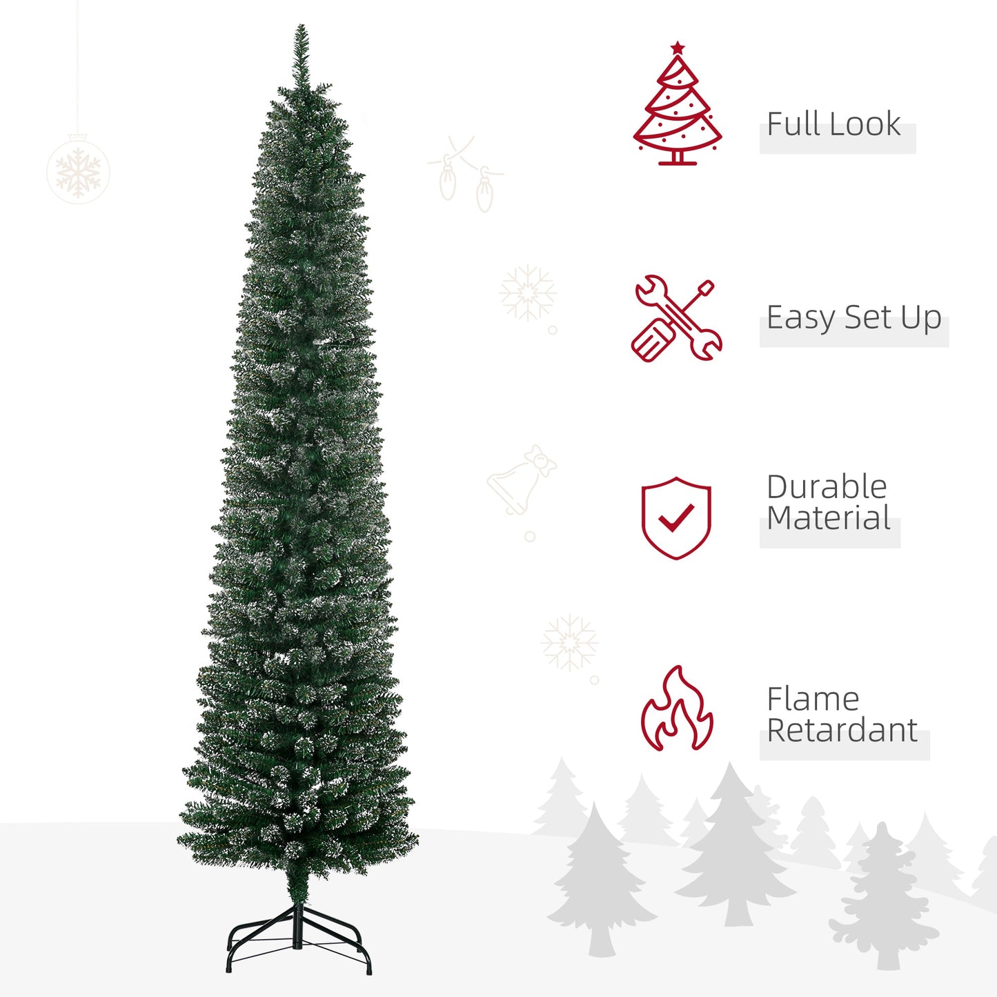 HOMCOM 7.5FT Artificial Snow Dipped Christmas Tree Xmas Pencil Tree Holiday Home Indoor Decoration with Foldable Black Stand, Green