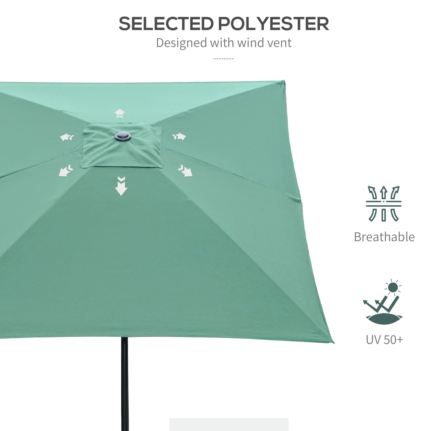 Outsunny 2 x 3(m) Garden Parasol Umbrella, Rectangular Outdoor Market Umbrella Sun Shade with Crank & Push Button Tilt, 6 Ribs, Aluminium Pole, Green