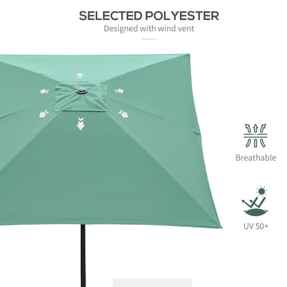 Outsunny 2 x 3(m) Garden Parasol Umbrella, Rectangular Outdoor Market Umbrella Sun Shade with Crank & Push Button Tilt, 6 Ribs, Aluminium Pole, Green