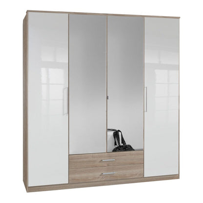 Gema 4 Door 2 Drawer Mirrored Wardrobe - Oak and White Gloss