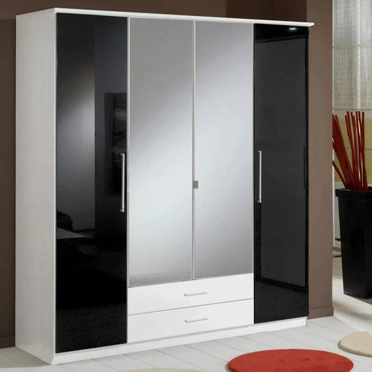 Gema 4 Door 2 Drawer Mirrored Wardrobe - White and Black Gloss