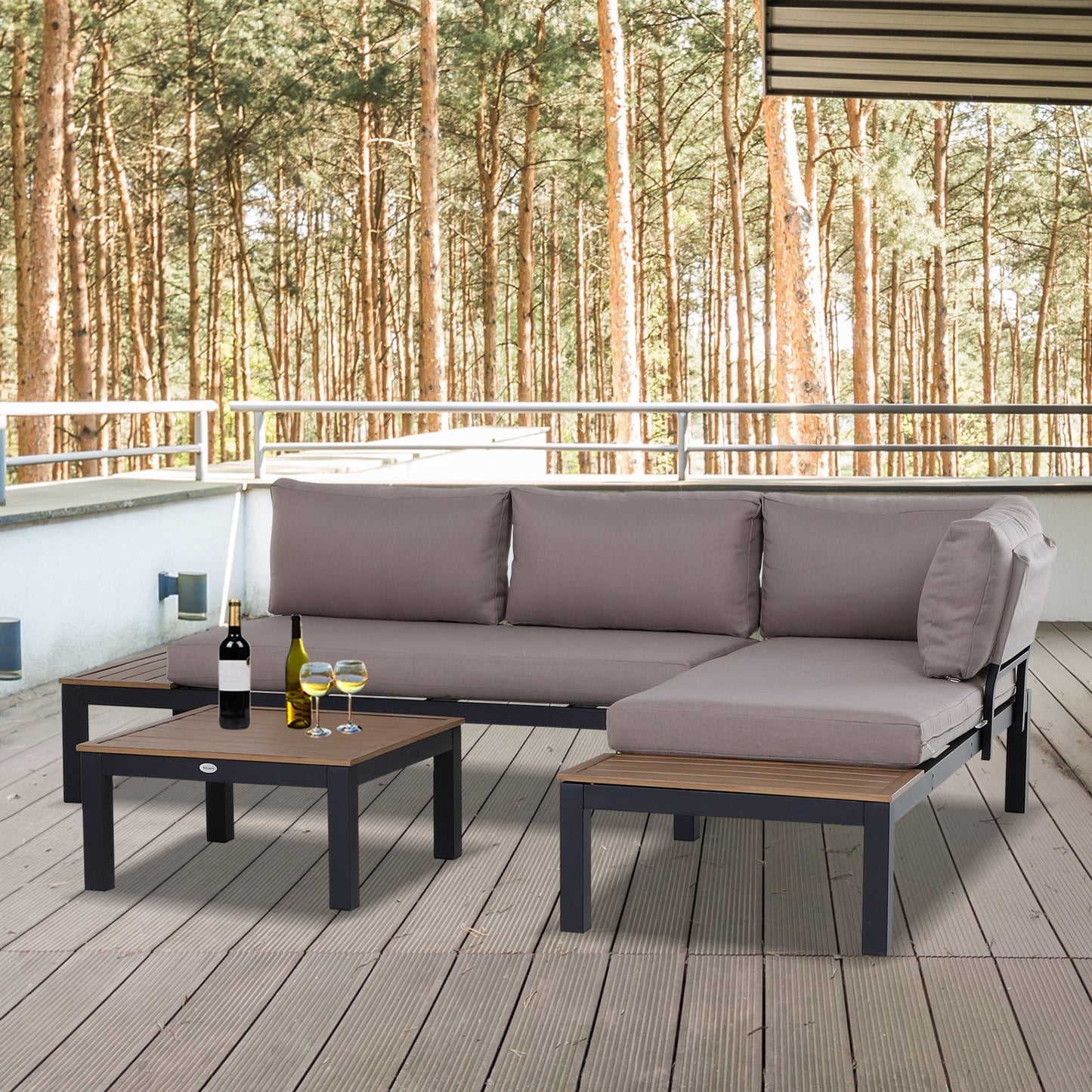 Outsunny 3 Pieces Garden Furniture Sets, Aluminium Outdoor Corner Sofa set with 2 Loveseat and Coffee Table - Grey