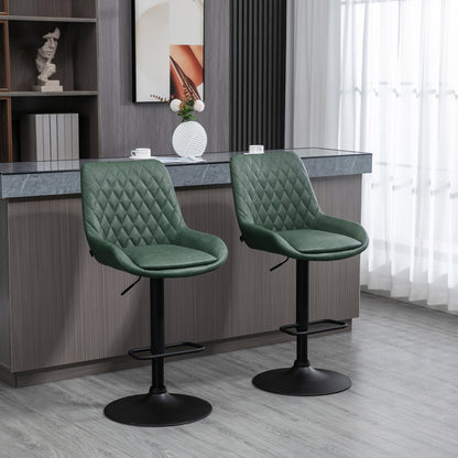 Retro Bar Stools Set of 2, Adjustable Kitchen Stool, Upholstered Bar Chairs with Back, Swivel Seat, Dark Green