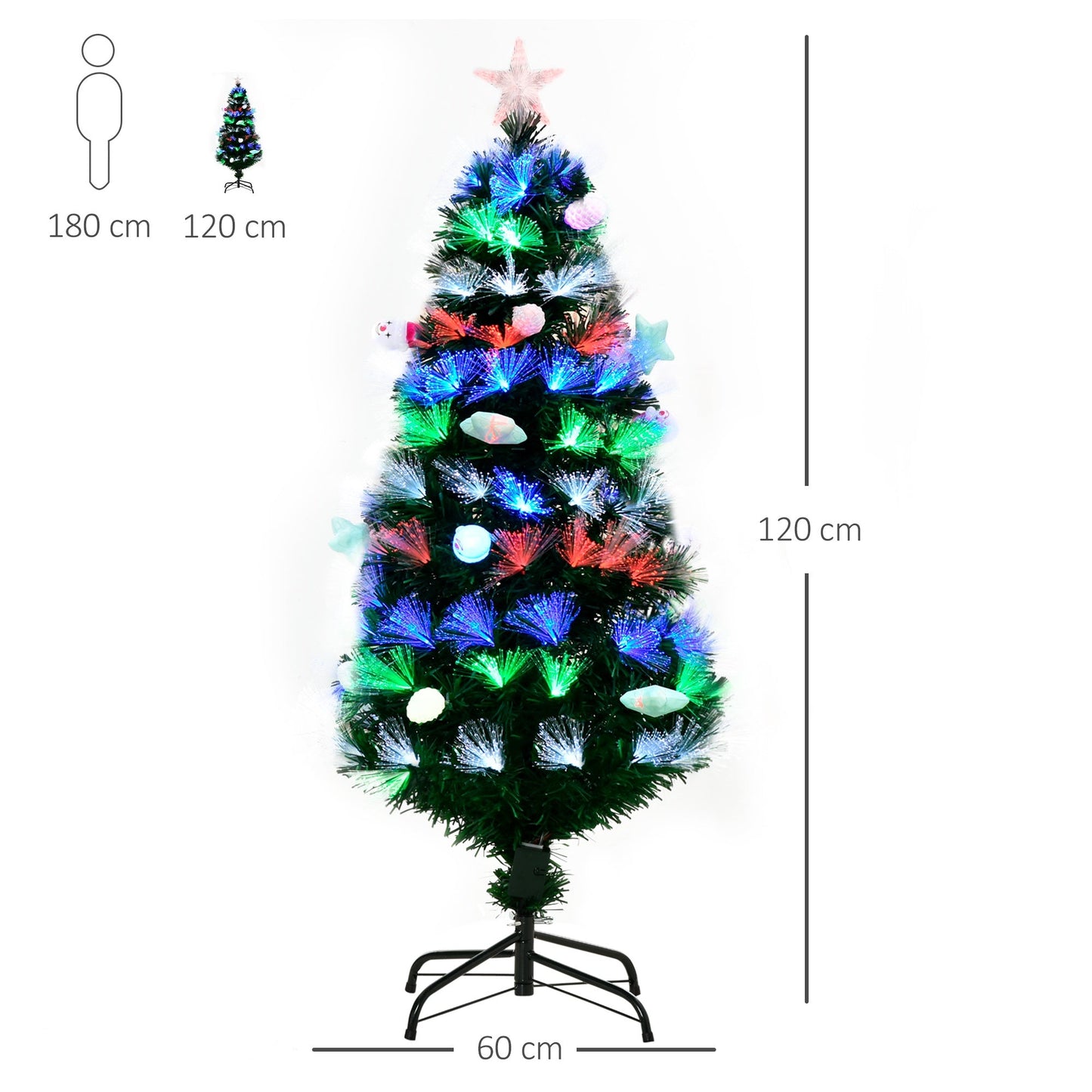 HOMCOM 4FT Pre-Lit Artificial Christmas Tree w/ Fibre Optic Baubles Fitted Star LED Light Holiday Home Xmas Decoration-Green