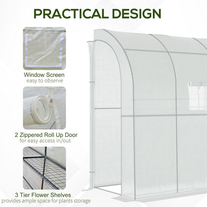 Walk-In Lean to Wall Greenhouse with Windows and Doors 2 Tiers 4 Wired Shelves 200L x 100W x 213Hcm White