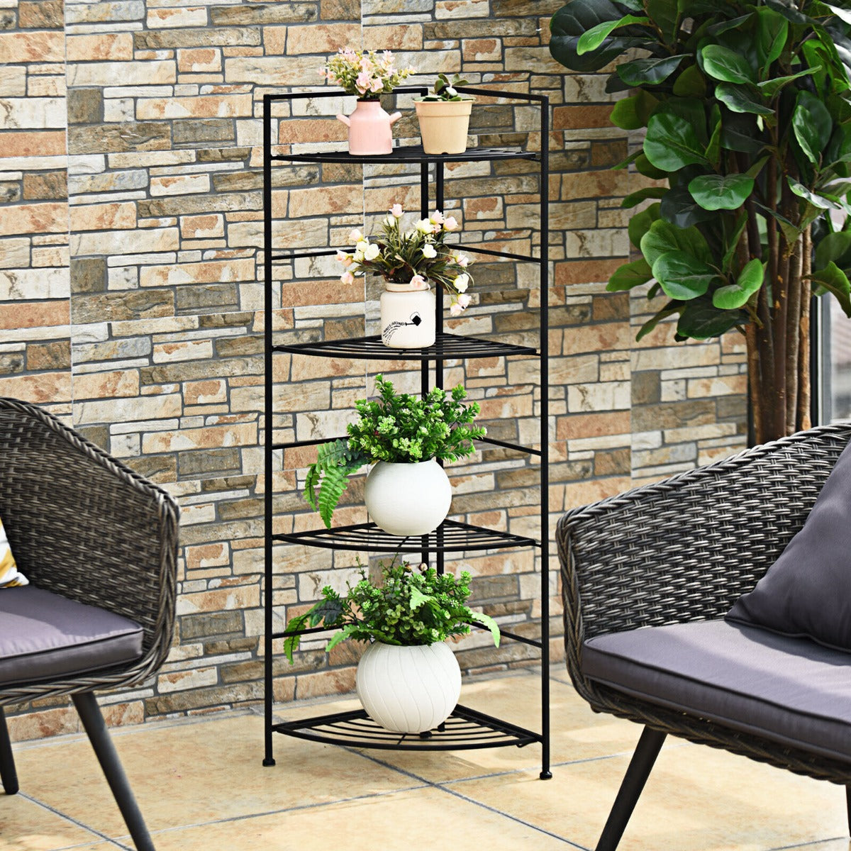 4-Tier Folding Corner Plant Stand with Reinforced Baffles for Living Room