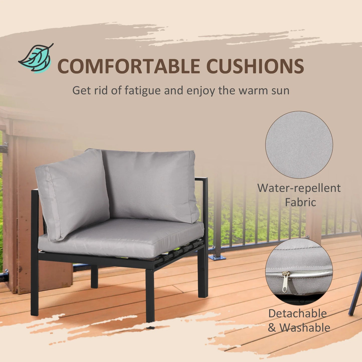 4 Piece Metal Garden Furniture Set with Tempered Glass Coffee Table, Breathable Mesh Pocket