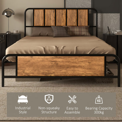 HOMCOM 25.5cm Double Bed Frame, Industrial Bed Base with Headboard, Footboard, Steel Slat Support and Under Bed Storage, 145 x 199cm, Rustic Brown