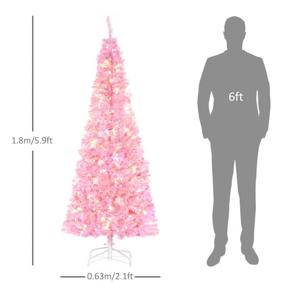 HOMCOM 6FT Tall Prelit Pencil Slim Artificial Christmas Tree with Realistic Branches, Warm White LED Lights and Tips, Xmas Decoration, Pink