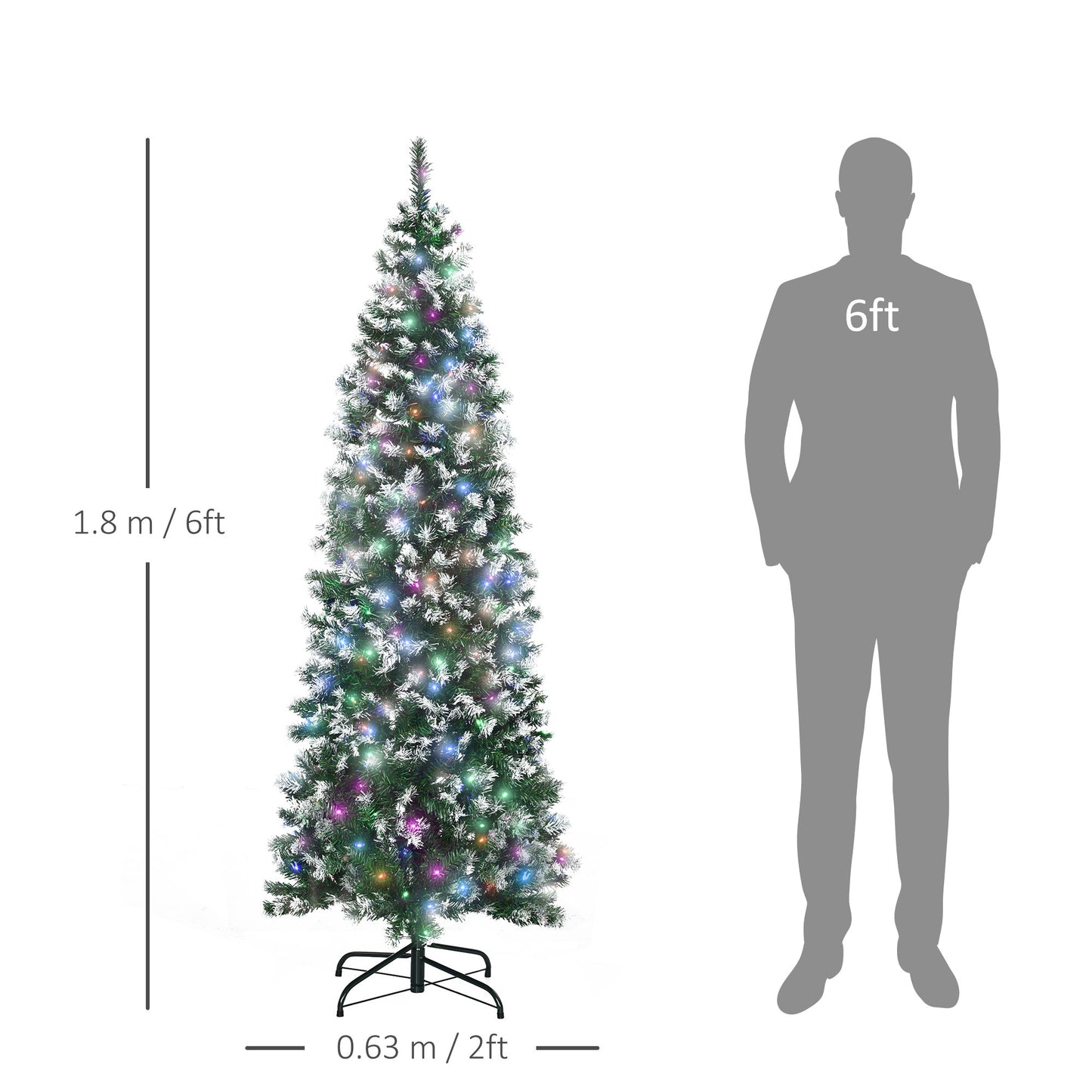 HOMCOM 6FT Tall Prelit Pencil Slim Artificial Christmas Tree with Realistic Branches, 300 Colourful LED Lights and 618 Tips, Xmas Decoration, Green