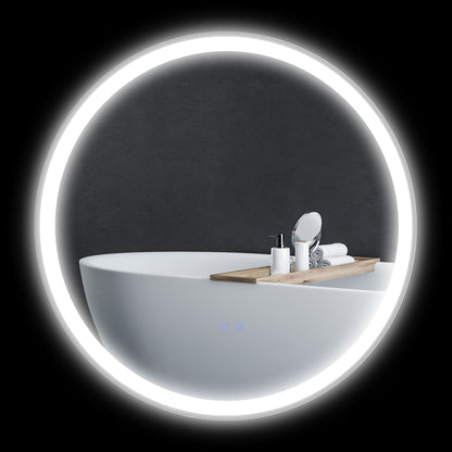 kleankin Round Bathroom Mirror with LED Lights, Wall Mount Dimmable Makeup Mirror with 3 Temperature Colours, Defogging Film, Memory Function and Aluminium Frame, Hardwired, 60 x 60 cm