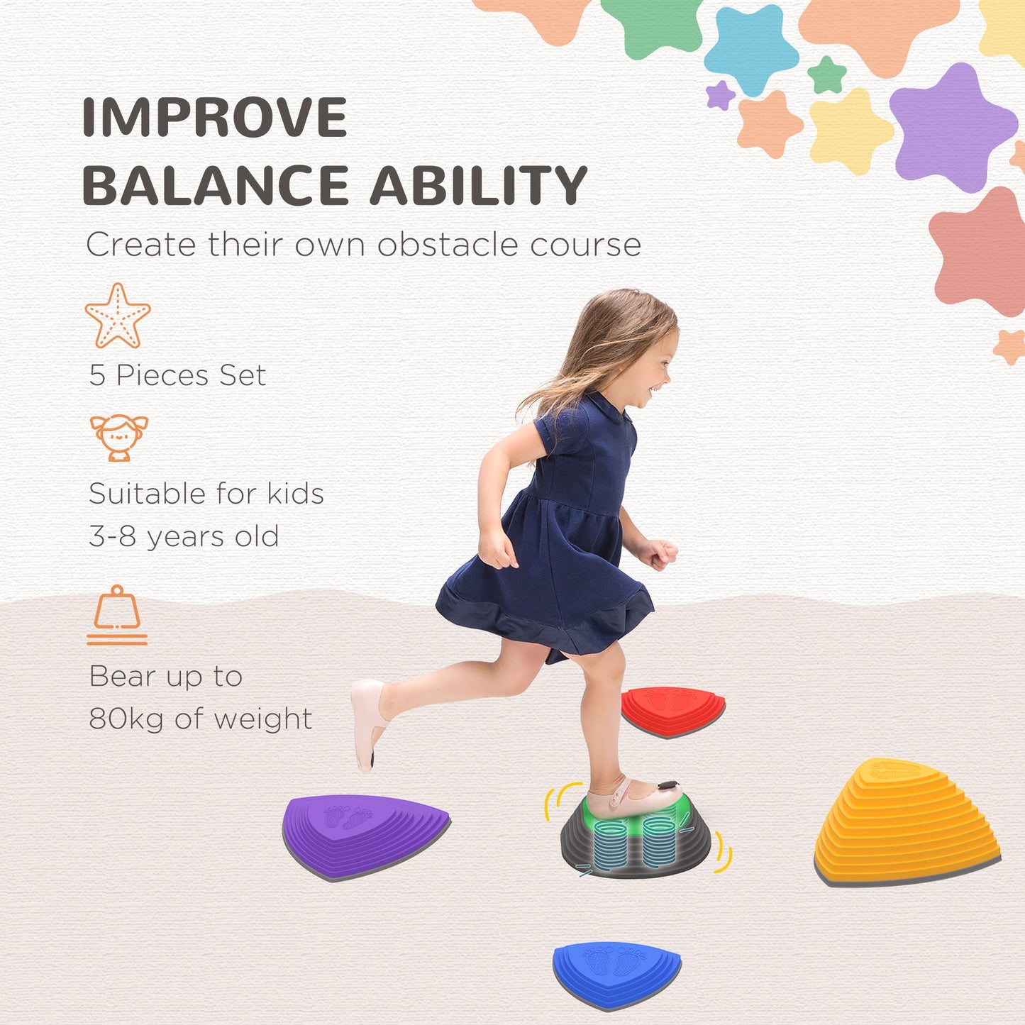 ZONEKIZ Stepping Stones Kids Balance River Stones 5 PCs Outdoor Indoor, for Obstacle Course, Sensory Play, Stackable, Non-Slip